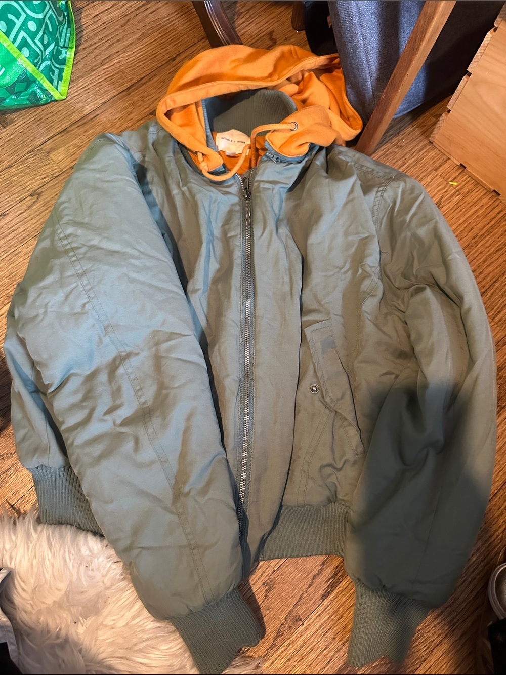 silence + noise Olive Bomber Jacket with Orange Hooded Liner